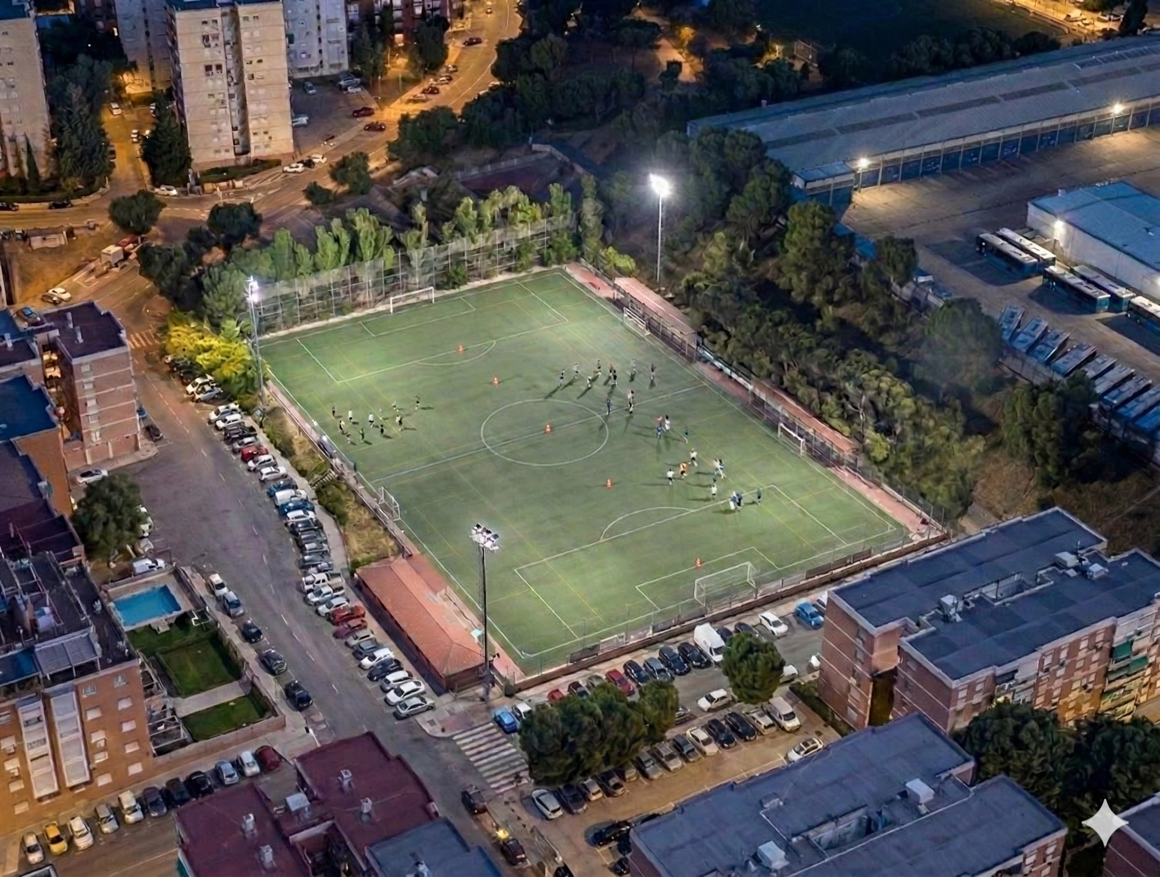 Aerial view of Cocheras de la Elipa, our practice field in Madrid